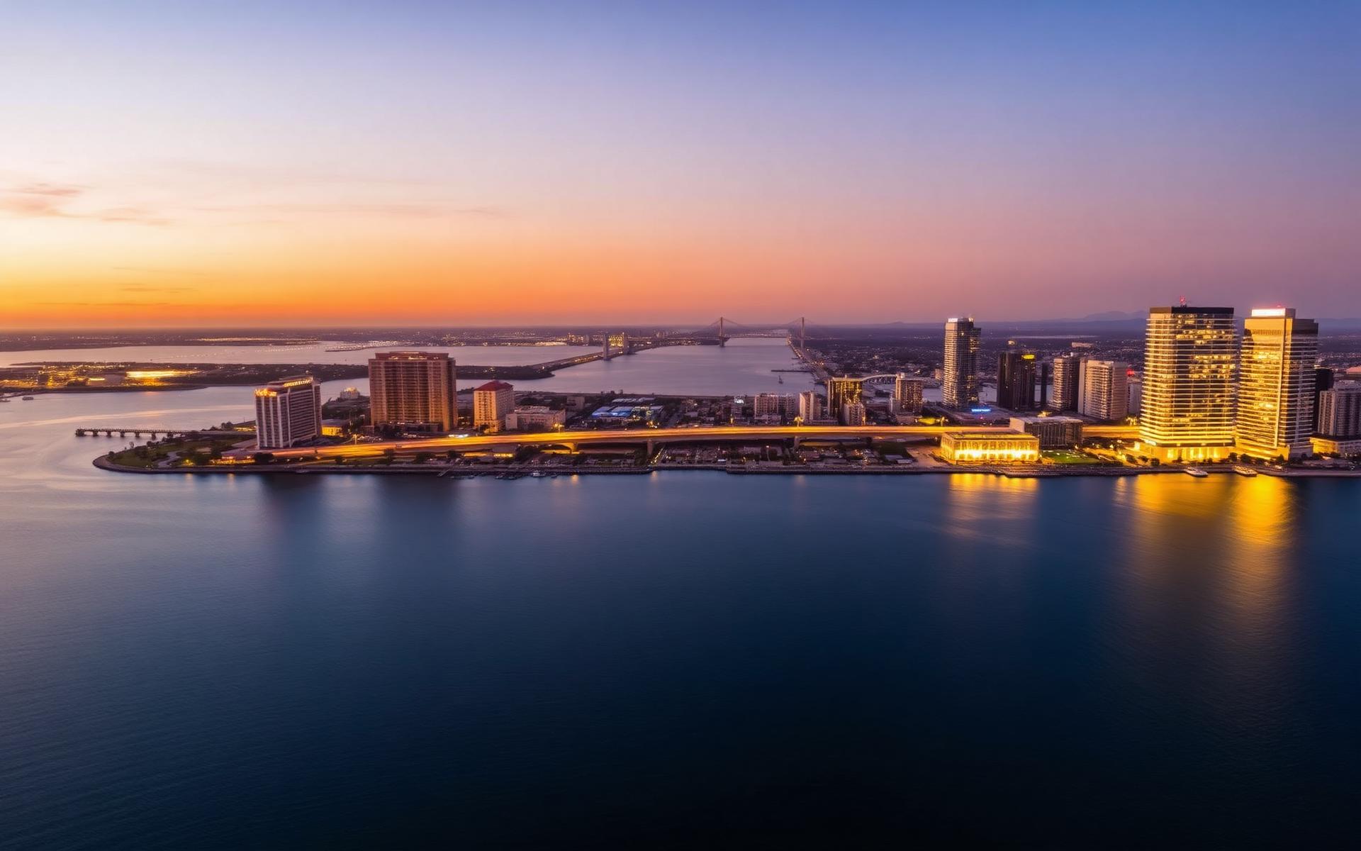 San Diego skyline at dusk with luxury waterfront homes